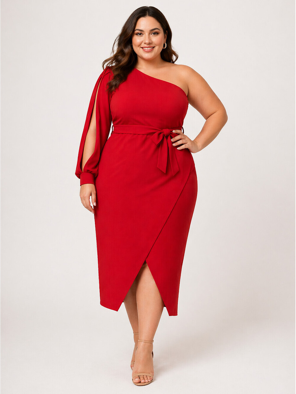 Boohoo Plus Size 22 Red One Shoulder Wrap Midi Dress Open Sleeve NWT